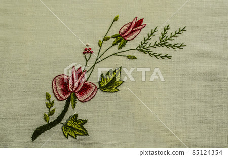 Embroidered twig with small roses and bud, coniferous twig and red berries on white cotton fabric Embroidered twig with small roses and bud, coniferous twig and red berries on white cotton fabric 85124354