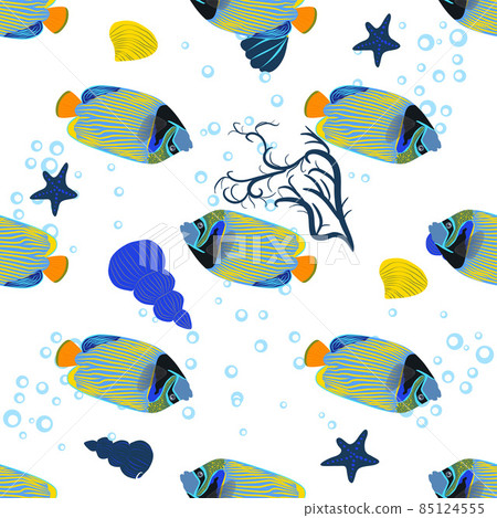 Emperor angelfish, Pomacanthus imperator seamless patterns, sea animal wildlife character. Nature underwater, marine wild ocean zoo fish Emperor angelfish, Pomacanthus imperator seamless patterns, sea animal wildlife character. Nature underwater, marine wild ocean zoo fish 85124555