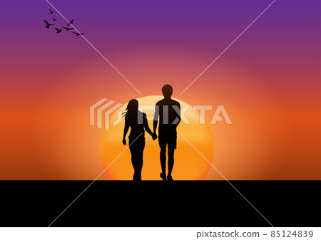 graphics drawing couple boy and girl stand to look the sunset with  light silhouette orange and blue of sky vector illustration concept romantic 85124839