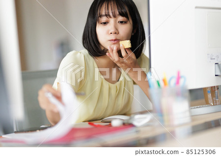 Female snacking at work Female snacking at work 85125306