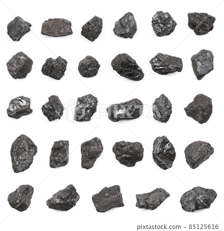 Anthracite hard stone coal lumps isolated on white background top view. 85125616