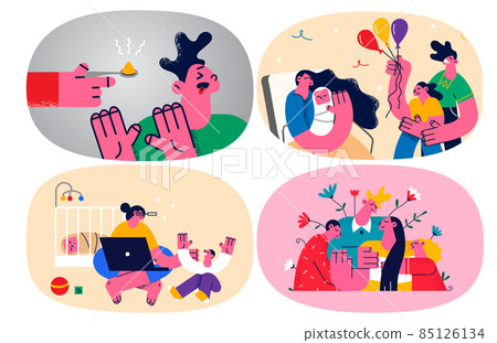 Set of parents upbringing children playing and lecturing them  85126134