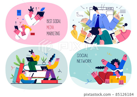 Set of happy people use gadgets learning marketing  85126184