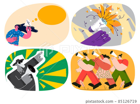 Set of people activist with loudspeakers on demonstration  85126719