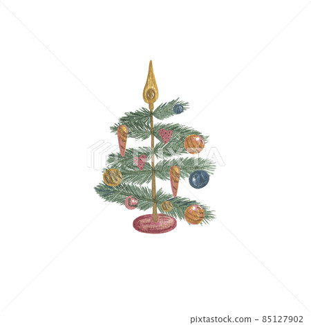 Vintage Christmas tree decorated for winter holidays celebration watercolor illustration, retro decor for greeting card, invitation Vintage Christmas tree decorated for winter holidays celebration watercolor illustration, retro decor for greeting card, invitation 85127902