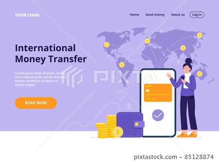 A girl makes an international money transfer. Concept of secure mobile payment, money transfer service. Flat vector illustration for a banner, landing page. A girl makes an international money transfer. Concept of secure mobile payment, money transfer service. Flat vector illustration for a banner, landing page. 85128874