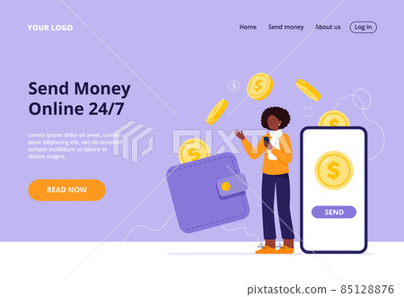 A girl transfers money to a mobile account. Concept of secure mobile payment, money transfer service. Flat vector illustration for a banner, landing page. A girl transfers money to a mobile account. Concept of secure mobile payment, money transfer service. Flat vector illustration for a banner, landing page. 85128876