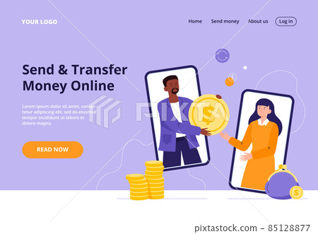 A man giving a giant coin to a woman. Concept of secure mobile payment, money transfer service, transaction, donation. Flat vector illustration for a banner, landing page. A man giving a giant coin to a woman. Concept of secure mobile payment, money transfer service, transaction, donation. Flat vector illustration for a banner, landing page. 85128877