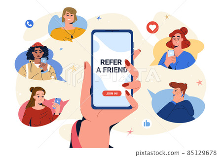 Hand with mobile phone invite friends to referral program Hand with mobile phone invite friends to referral program 85129678