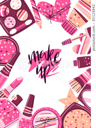 Frame with cosmetics for skincare and makeup. Illustration for advertising. Beauty and fashion items. 85129942