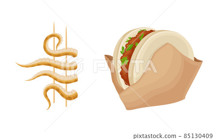 Street food set. Octopus on wooden skewers and hamburger vector illustration 85130409