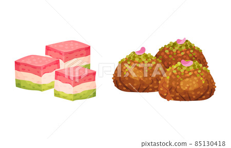 Turkish delights set. Middle east sweet deserts vector illustration Turkish delights set. Middle east sweet deserts vector illustration 85130418