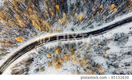 Aerial high angle view of narrow curvy road. Aerial high angle view of narrow curvy road. 85131630