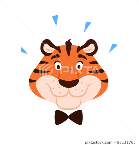 Cute happy cartoon tiger portrait isolated on white background. Flat smiling character head. Chinese New Year symbol. Comic adorable striped African wild cat. Animal kids vector illustration. 85131763