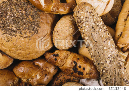 overhead view freshly baked bread. High quality photo overhead view freshly baked bread. High quality photo 85132448