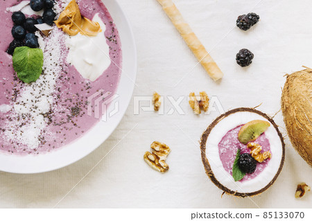 summer smoothie coconut bowl. High quality photo 85133070