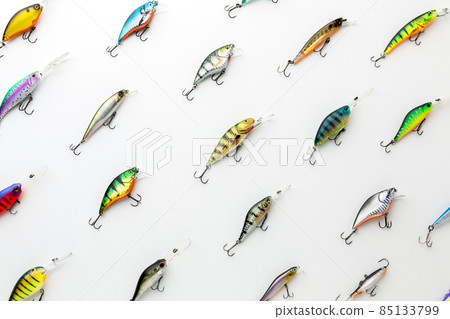 top view colorful assortment fish bait. High quality photo 85133799