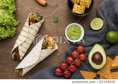 top view delicious mexican food with guacamole. High quality photo 85134026