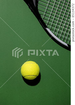 top view tennis ball with racket. High quality photo top view tennis ball with racket. High quality photo 85134372