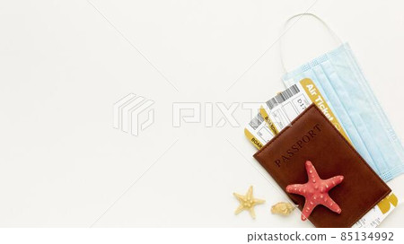 flat lay passport mask arrangement. High quality photo 85134992