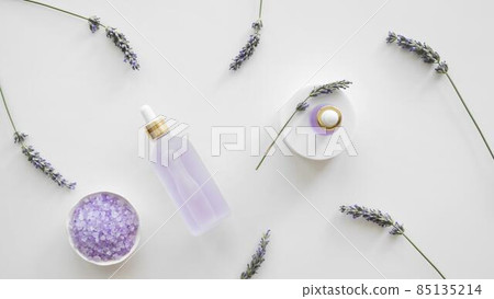 top view lavender skincare products. High quality photo top view lavender skincare products. High quality photo 85135214