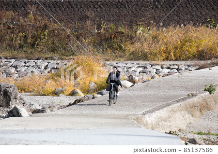 A man cycling on a subsidence bridge with a view of dog stone dogs 85137586
