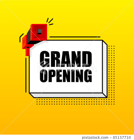 Grand Opening banner template. Marketing flyer with megaphone. Isometric and pixel style. Template for retail promotion and announcement. Vector illustration. Grand Opening banner template. Marketing flyer with megaphone. Isometric and pixel style. Template for retail promotion and announcement. Vector illustration. 85137710