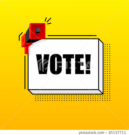 Vote banner template. Marketing flyer with megaphone. Isometric and pixel style. Template for retail promotion and announcement. Vector illustration. 85137711