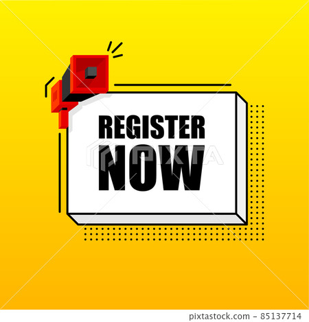 Register Now banner template. Marketing flyer with megaphone. Isometric and pixel style. Template for retail promotion and announcement. Vector illustration. Register Now banner template. Marketing flyer with megaphone. Isometric and pixel style. Template for retail promotion and announcement. Vector illustration. 85137714