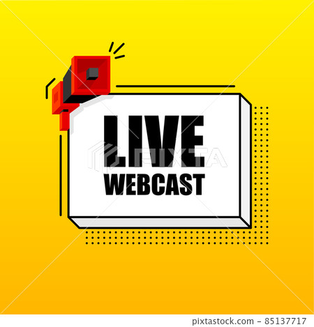 Live Webcast banner template. Marketing flyer with megaphone. Isometric and pixel style. Template for retail promotion and announcement. Vector illustration. Live Webcast banner template. Marketing flyer with megaphone. Isometric and pixel style. Template for retail promotion and announcement. Vector illustration. 85137717