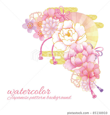 Watercolor handwritten Japanese pattern cherry blossoms and peony Watercolor handwritten Japanese pattern cherry blossoms and peony 85138910