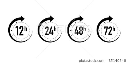 12, 24, 48 and 72 hours clock arrow on white background. Work time effect or delivery service time icons. Vector illustration. 12, 24, 48 and 72 hours clock arrow on white background. Work time effect or delivery service time icons. Vector illustration. 85140346