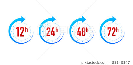 12, 24, 48 and 72 hours clock arrow on white background. Work time effect or delivery service time icons. Vector illustration. 85140347