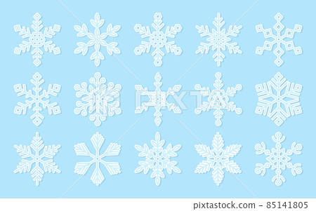 Snowflake paper cut xmas sticker blue flat set. Volumetric patch social network photo editor decor greeting card origami holiday element badge winter weather app icon party hexagonal snow isolated 85141805
