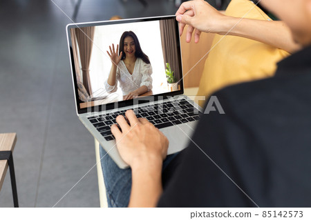Man having online meeting with his colleague via laptop,.Teleconference Concept 85142573