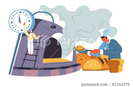 Baker preparing bread and buns in oven cooking 85142575