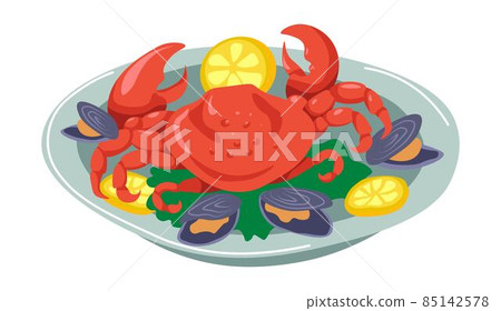 Seafood dish, crab with mussels and lemon slices 85142578