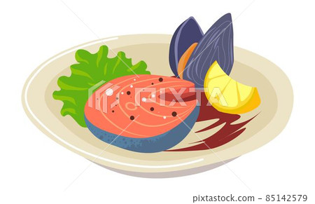 Grilled salmon with mussel and lemon slice dish 85142579