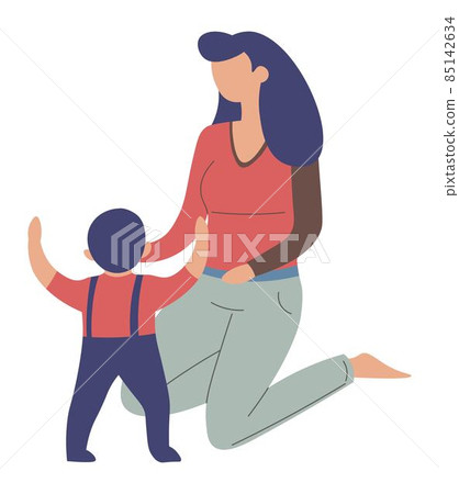 Mom helping toddler to learn walking, first steps 85142634