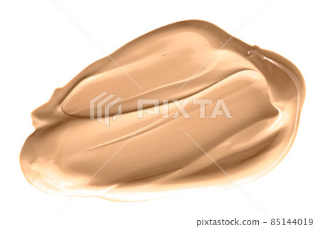 Beige beauty cosmetic texture isolated on white background, smudged makeup emulsion cream smear or foundation smudge, crushed cosmetics product and paint strokes 85144019