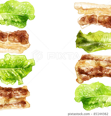 Hand-painted watercolor lettuce and grilled meat illustration square frame, left and right 85144362