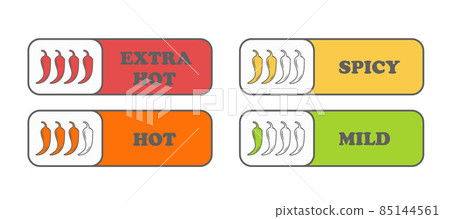 Pepper Spice Levels. Hot pepper sign for packing spicy food. Pepper sauce stickers. Pepper Spice Levels. Hot pepper sign for packing spicy food. Pepper sauce stickers. 85144561