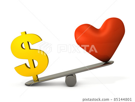 Comparison of the importance of the heart symbol and the dollar symbol. A concept that expresses money worship, which emphasizes money over love and sincerity. 85144801
