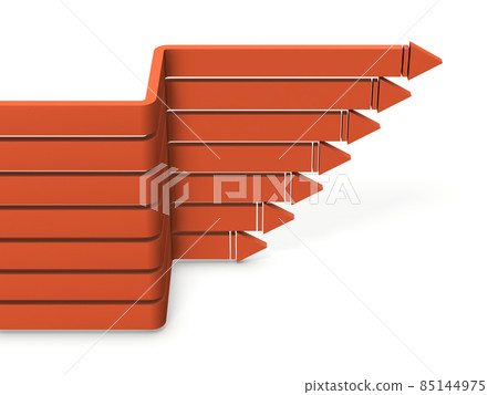 Multiple arrows that continue to move forward to the right after twists and turns. A concept that represents the progress of a project. White background. 85144975