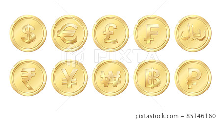 Famous world currencies in golden coin concept. 85146160