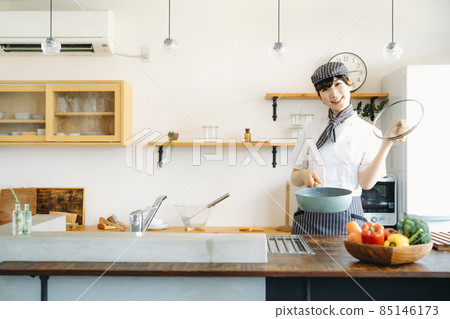 A cook (pot) wearing a cook coat standing in the kitchen A cook (pot) wearing a cook coat standing in the kitchen 85146173