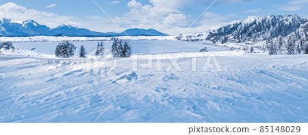 Winter wonderland and Christmas landscape. Frozen lake in snowy mountains and trees covered with snow as holiday background Winter wonderland and Christmas landscape. Frozen lake in snowy mountains and trees covered with snow as holiday background 85148029