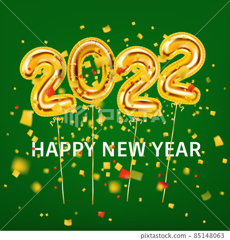 2022 realistic golden decoration balloons. Gold foil numbers 3d Happy New Year, shine party background, confetti, glitter. Vector festive poster, banner design 2022 realistic golden decoration balloons. Gold foil numbers 3d Happy New Year, shine party background, confetti, glitter. Vector festive poster, banner design 85148063