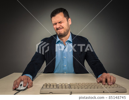 Portrait frustrated young man, with closed eyes and pursed lips 85148745