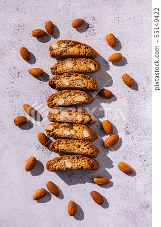 Biscotti Cantuccini Cookie Biscuits with Almonds Shortbread. Healthy eating food. Homemade fresh Italian cookies cantuccini stacks and organic almond seeds. Vegan dieting vegetarian 85149422